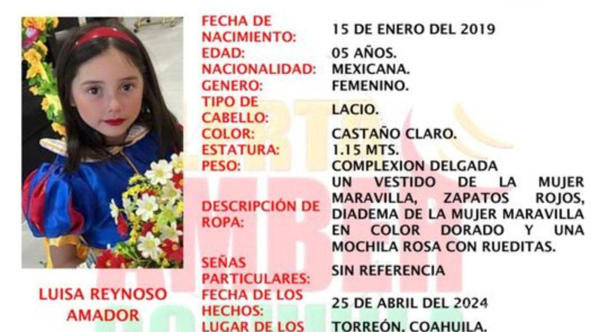 ¡Ayuda a Luisa a regresar a casa! Buscan a menor de 5 años extraviada en Torreón