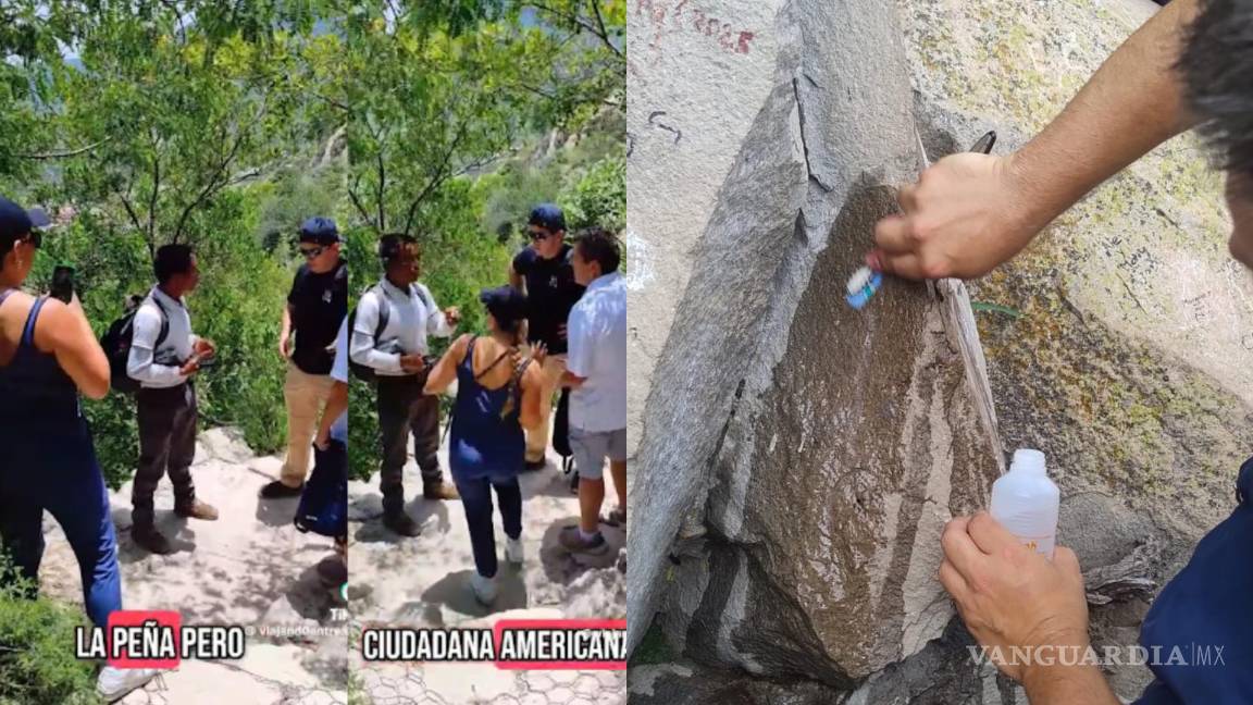 Sorprenden a turistas dañando Peña de Bernal; ‘todos la han rayado... soy ciudadana americana’, se justifican