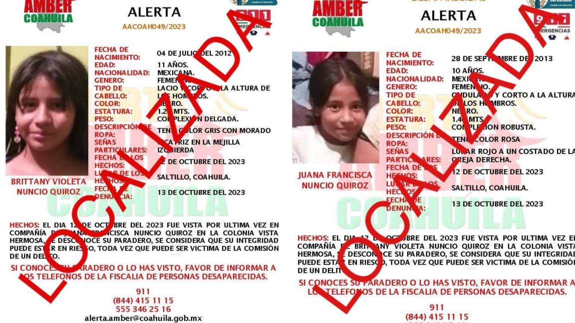 Localizan a dos niñas reportadas como desaparecidas en Saltillo; faltan dos más en Torreón y Ramos Arizpe