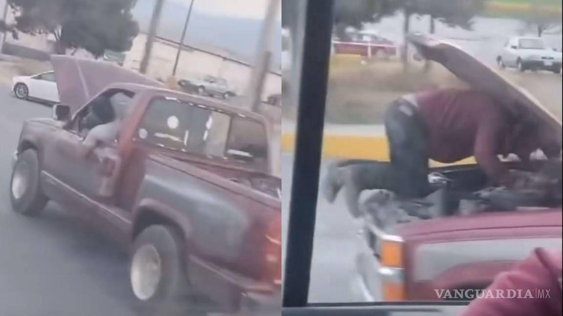 ¿Película de acción? Mecánico repara motor de camioneta mientras circula por Saltillo (video)