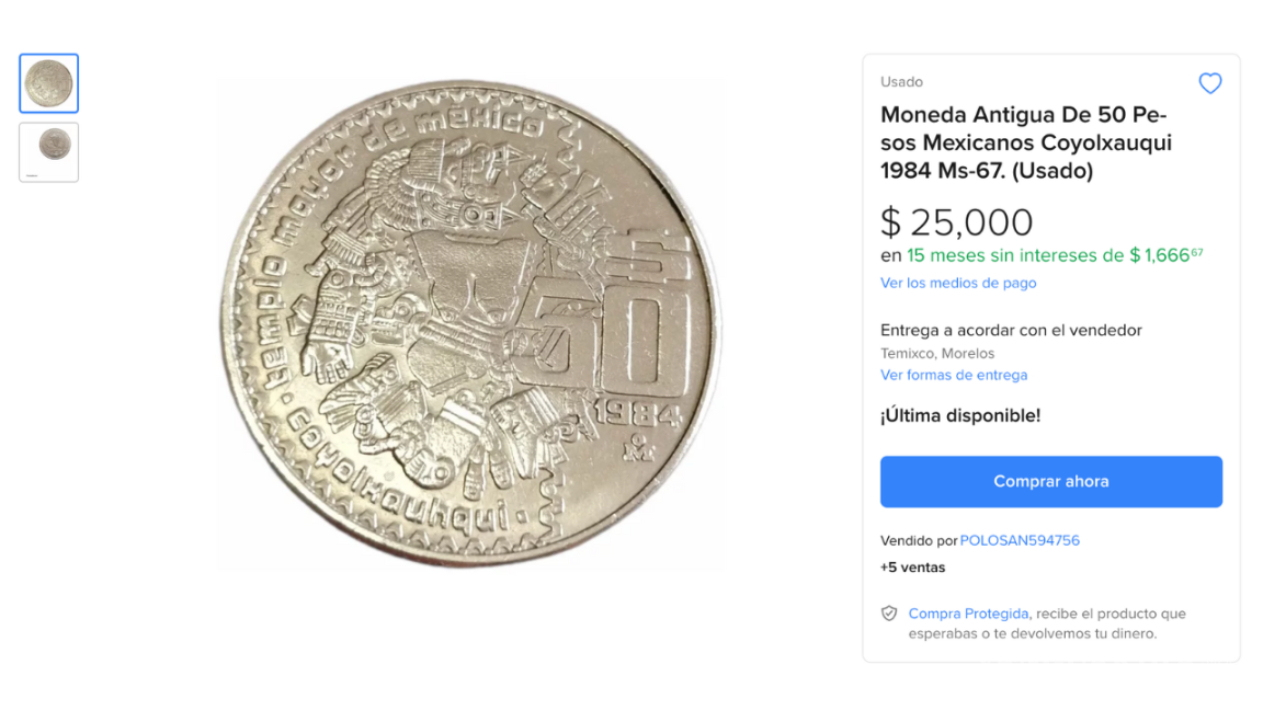 Moneda antigua de 50 pesos mexicano que se vende en 25 mil pesos