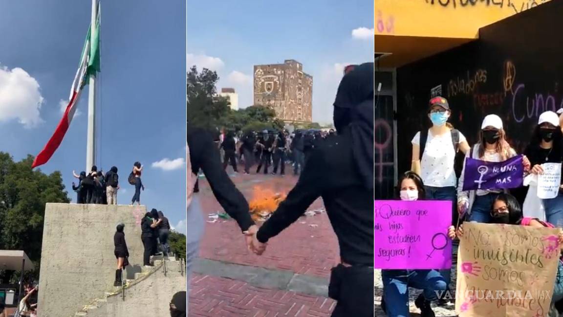 Queman bandera de México en la UNAM durante protestas por violación de estudiante