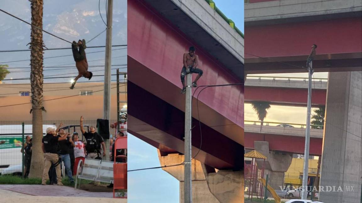 Hombre se sube a poste de luz y amenaza con lanzarse al vacío en Puente El Sarape, en Saltillo