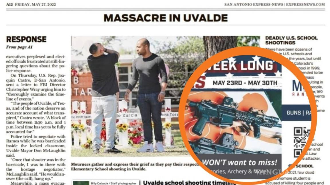 Indigna periódico en EU que imprimió publicidad de armas en misma página de la masacre en Texas; medio y negocio se disculpan