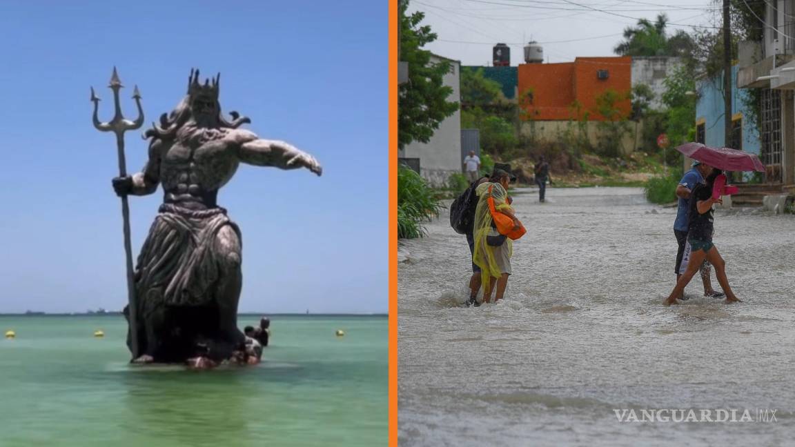 ¡Chaac se enojó! Mujer culpa de inundaciones a estatua de Poseidón en playa de Yucatán
