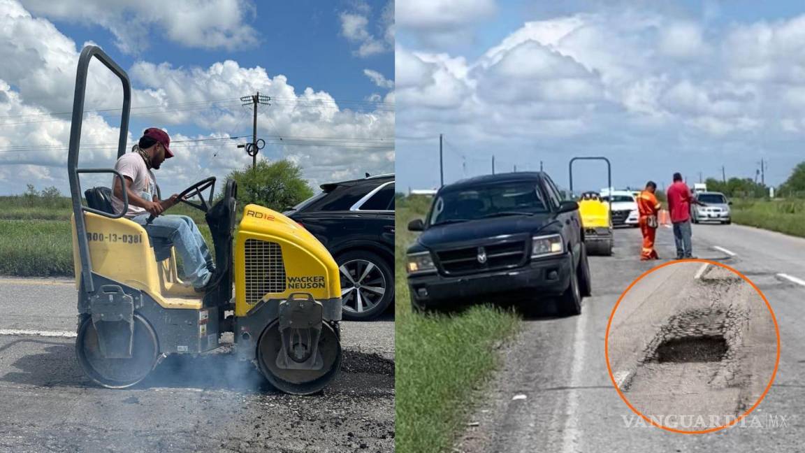 Repara empresa local de Sabinas bache que causó accidentes en la carretera 57