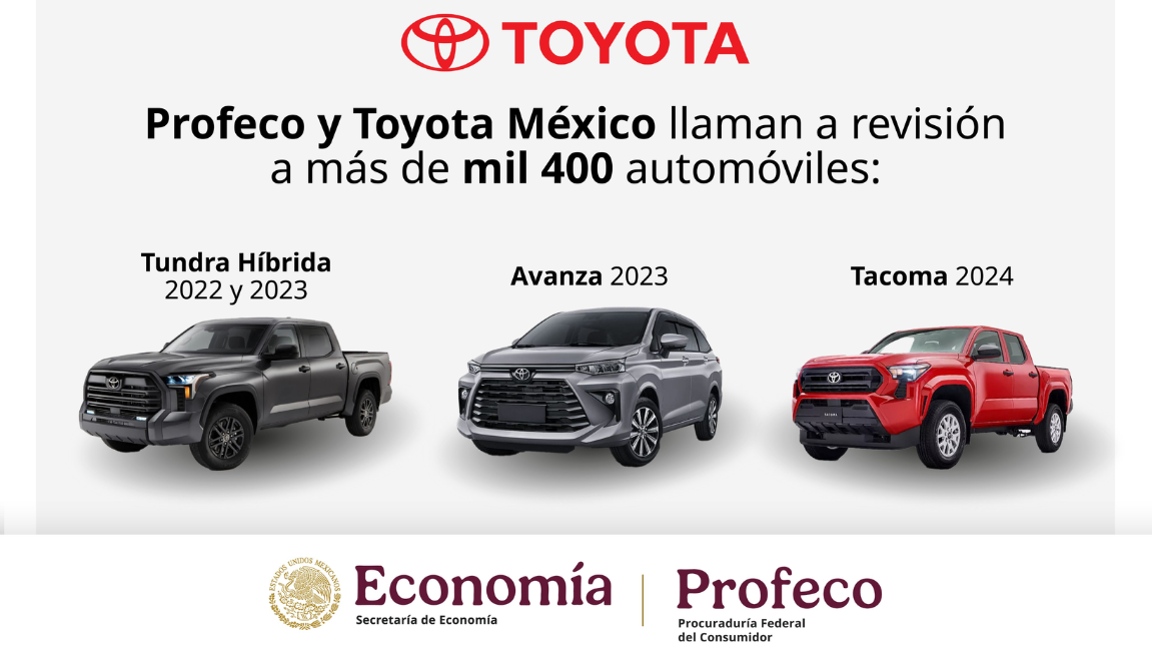 Profeco y Toyota lanzan llamado a revisión a más de mil 400 vehículos de tres modelos de camionetas por fallas