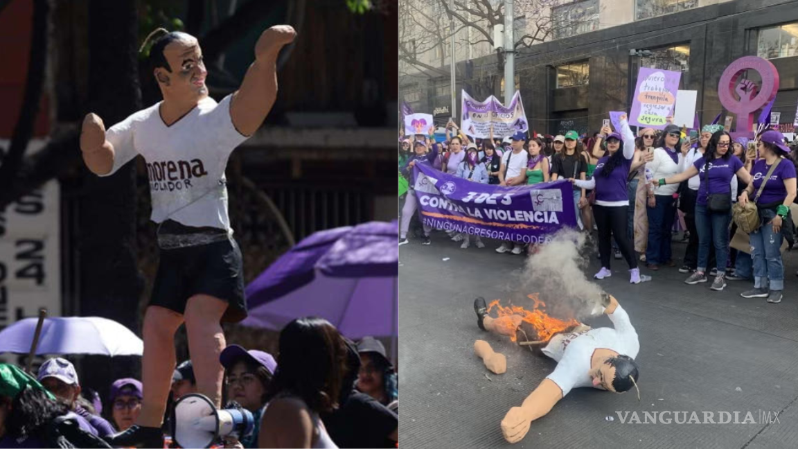 ‘El Cuau ta que arde’ Manifestantes del 8M exigen justicia y queman piñata del exfutbolista