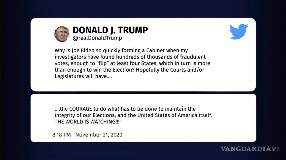 $!Un tuit del presidente Donald Trump en una audiencia del comité selecto de la Cámara que investiga el ataque del 6 de enero contra el Capitolio de EU.