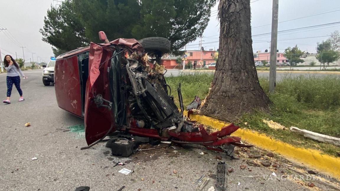 ‘Amanecido’ choca contra palmera y vuelca, al sur de Saltillo