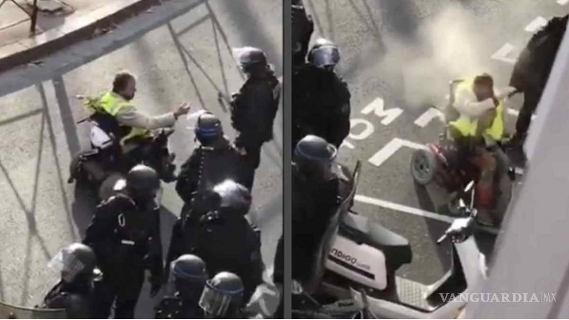 Policías franceses reprimen con gas pimienta a una persona en silla de ruedas