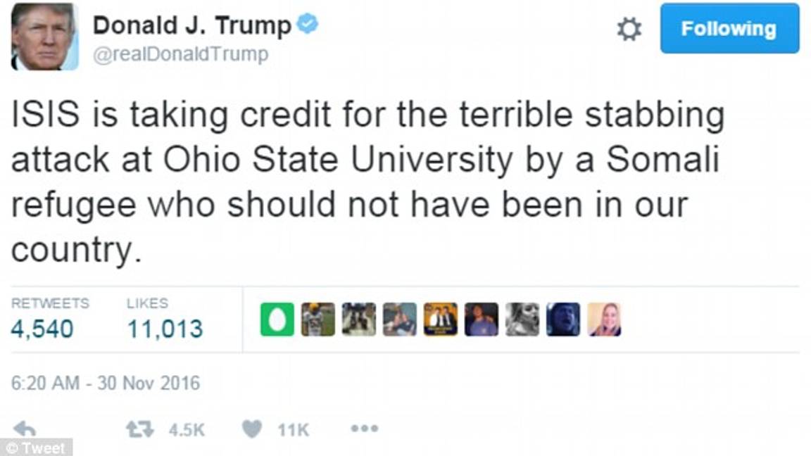 $!El refugiado somalí que atacó en Ohio 'no debió estar en nuestro país': Donald Trump