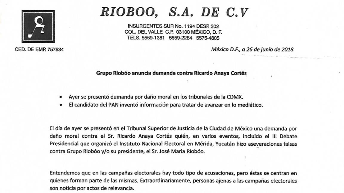 $!Ricardo Anaya es demandado por Grupo Riobóo, por daño moral