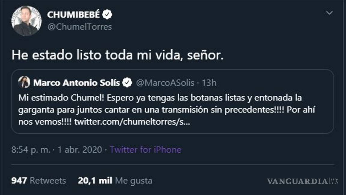 $!'Espero que ya tengas las botanas listas': Marco Antonio Solis responde a Chúmel Torres en Twitter y usuarios enloquecen