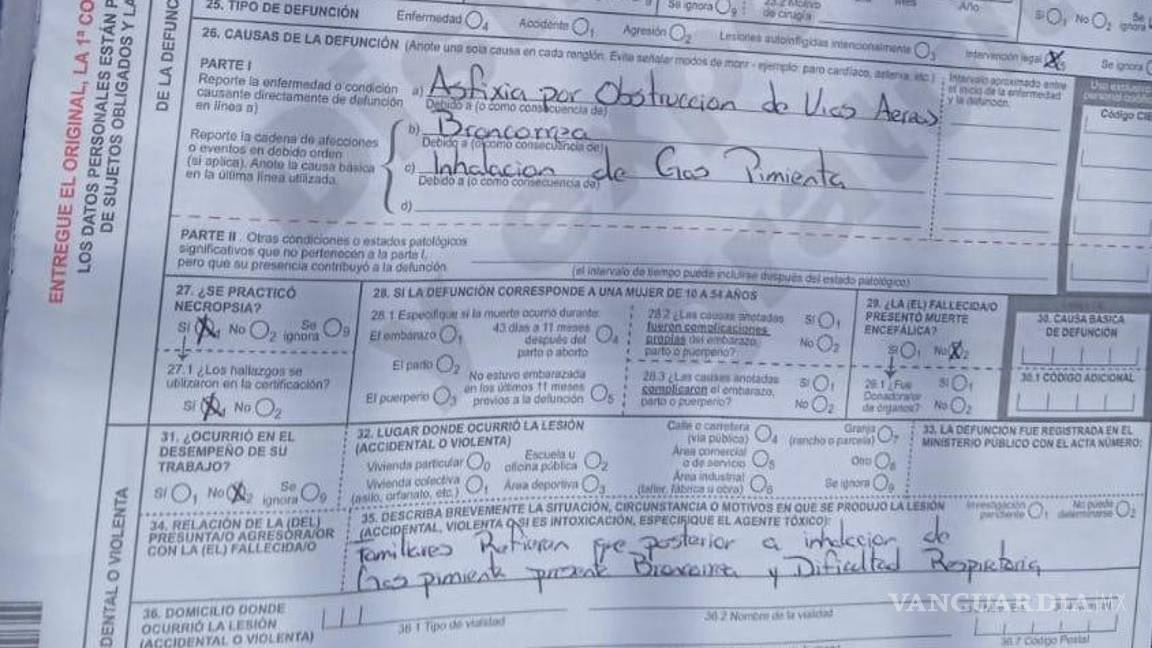 $!Imagen del certificado de defunción entregado a familiares.