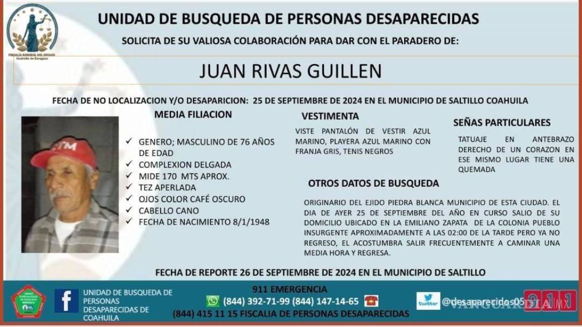 Siguen buscando a abuelito desaparecido en Saltillo hace tres meses; familia solicita apoyo en redes