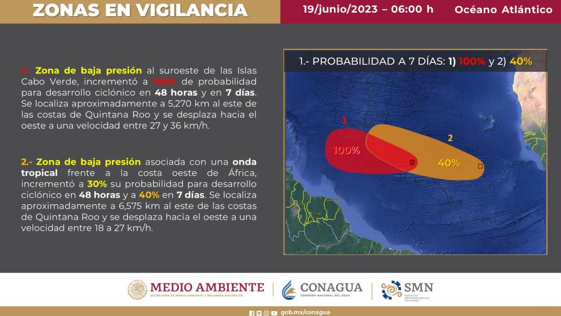 $!Se mantienen en vigilancia dos zonas de Baja Presión, localizadas en el Océano Atlántico, muy lejos de las costas mexicanas.