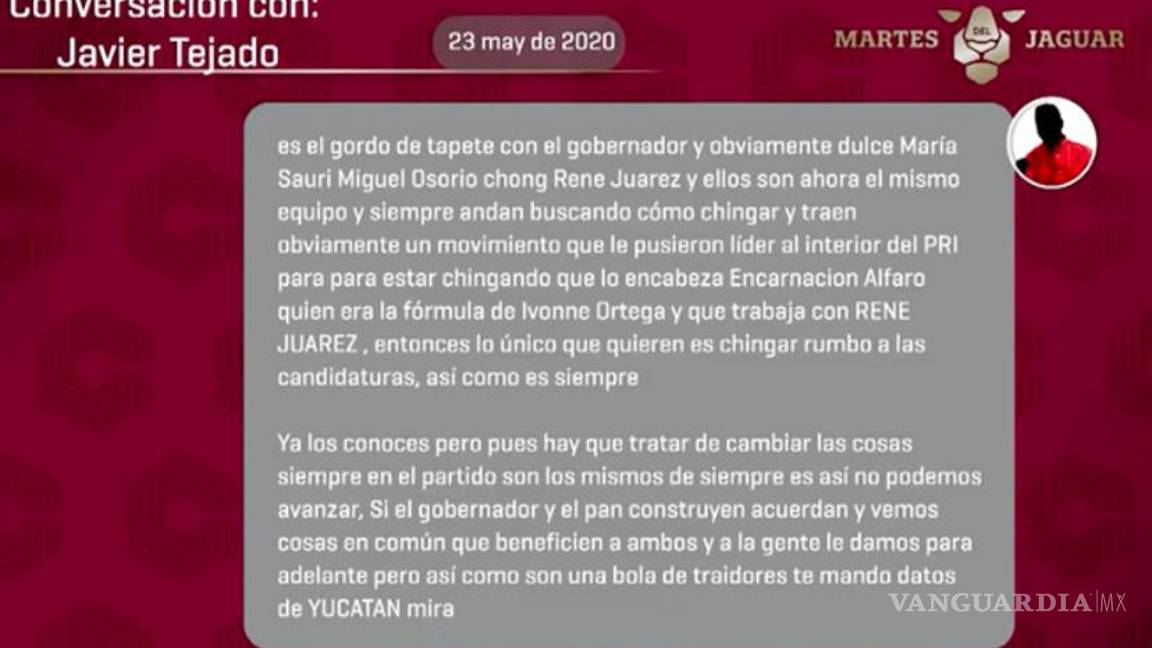 $!Layda Sansores exhibe conversación entre ‘Alito’ Moreno y asesor de Televisa en el ‘Martes del Jaguar’