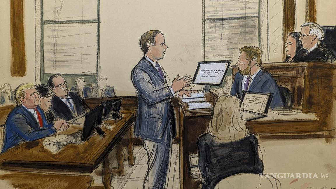 $!En el grabado se observa al abogado de Trump, Christopher Kise, presentando sus argumento al juez Arthur Engoron.