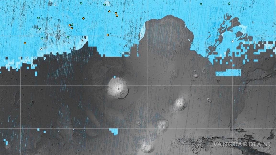 $!Un mapa de Marte, parte del el proyecto de Mapeo de Hielo de Agua Subsuperficial, que pretende ayudar a los primeros astronautas a aterrizar en el Planeta Rojo.