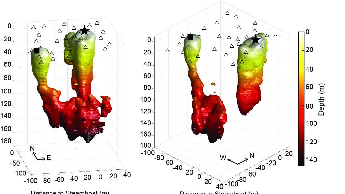 $!Contorno de las tuberías hidrotermales de Steamboat Geyser (estrella negra) y Cistern Spring (cuadrado negro), desde distintos ángulos.