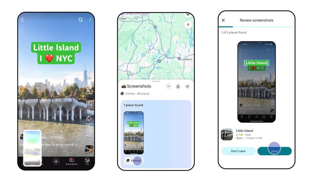 $!Composición de tres imágenes donde se ilustra los pasos que usa Gemini para permitir a Google Maps guardar información de capturas de pantalla.