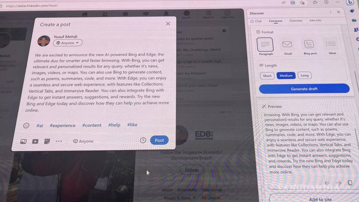 $!Fotografía de una proyección en pantalla de una publicación en redes sociales generada por inteligencia artificial presentada en la sede de Microsoft.