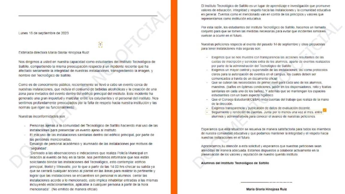 $!Pliego petitorio de alumnos del Tecnológico de Saltillo. Llaman a manifestación el 18 de septiembre de 2023.