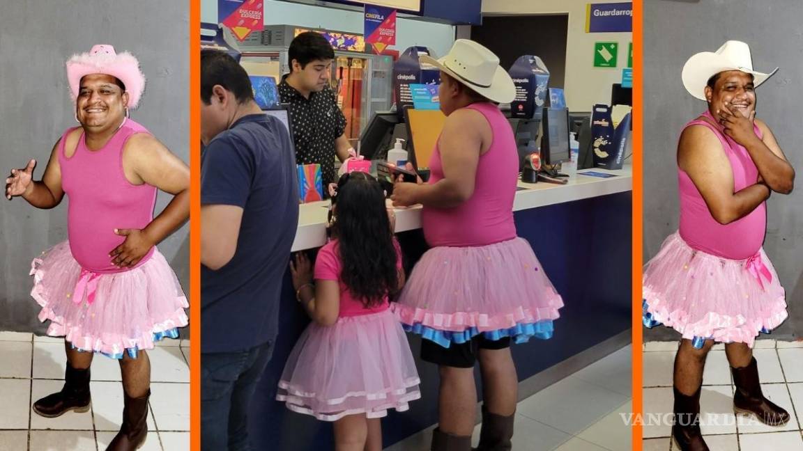 Padre se viste de Barbie por su hija en estreno de película en Nuevo Laredo y se hace viral (Foto)