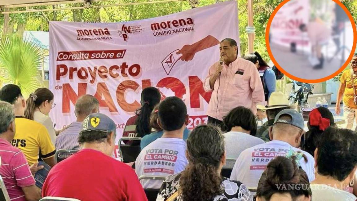 Se queda sin pantalón diputado de Morena durante asamblea en San Pedro, Coahuila (video)