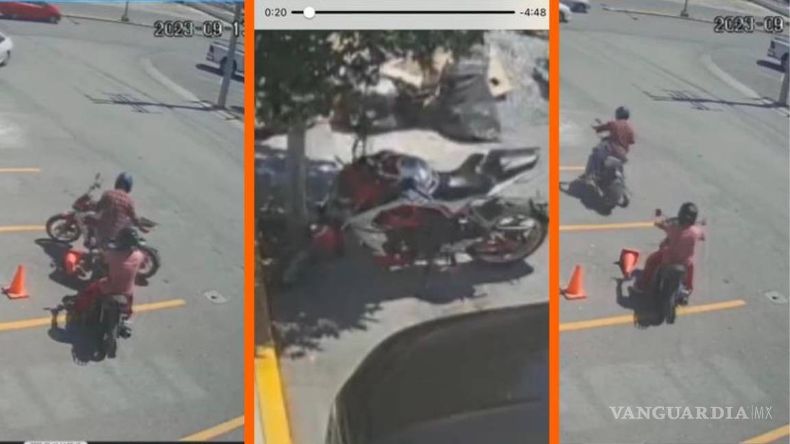 Cámara de seguridad capta robo de moto en banco Saltillo; buscan a ladrones en redes (VIDEO)