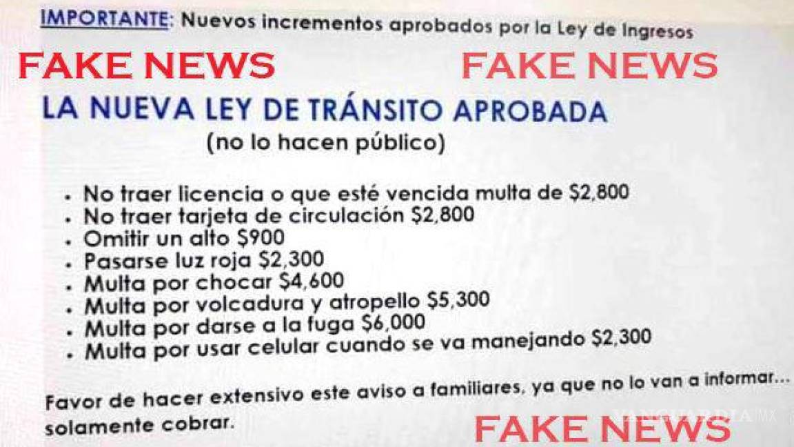 Torreón desmiente aumento a multas de tránsito, foto falsa circula desde 2017 y ya llegó a Ecuador
