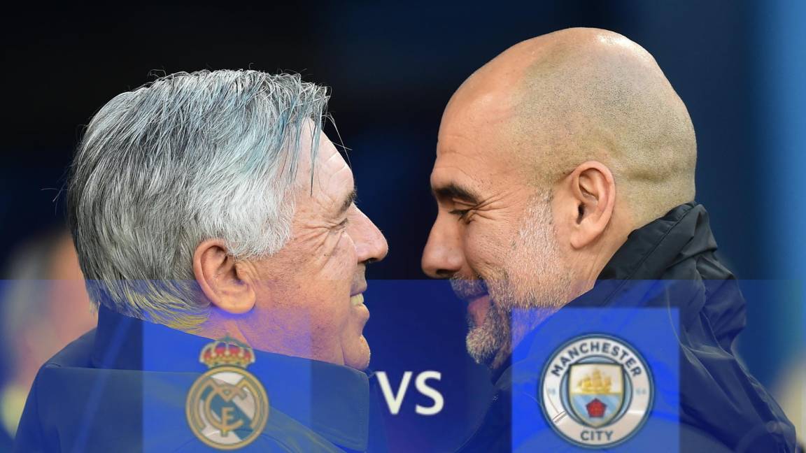 $!El técnico del Real Madrid, Carlo Ancelotti saluda a su oponente del Manchester City, Pep Guardiola antes de la semifinal de la Liga de Campeones de la UEFA.