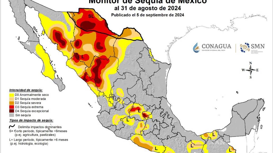 $!Así se ve el país y Coahuila, ya son pocos estados que presentan niveles excepcionales de sequía.