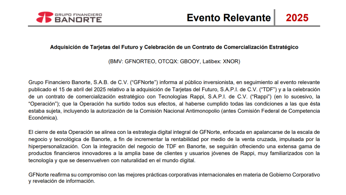 $!Banorte concreta adquisición de RappiCard tras aval regulatorio y fortalece su estrategia digital