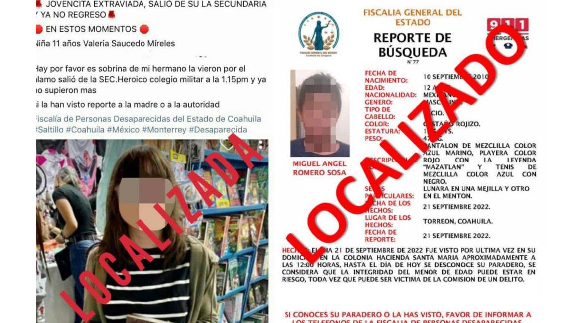 Localizan a niña de Saltillo y a niño de Torreón reportados desaparecidos; fue ausencia voluntaria