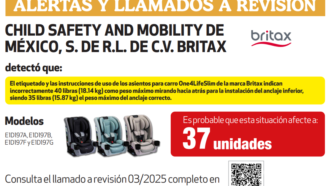 $!Profeco emite llamado a revisión para asientos infantiles Britax por error en el peso que soporta