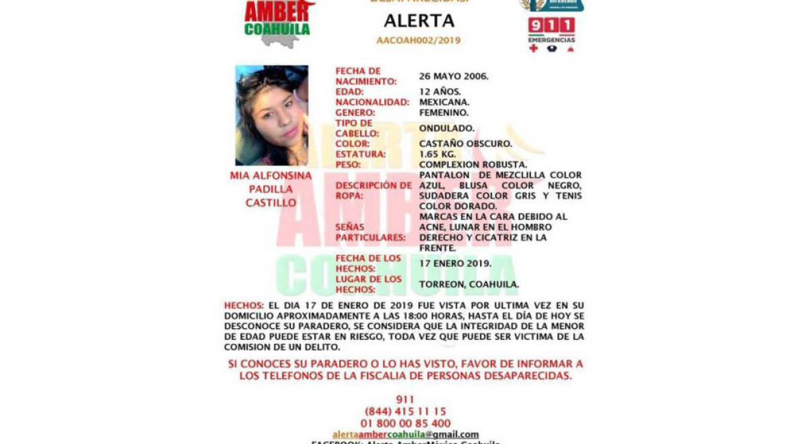 Alerta Amber en Torreón; desaparece niña de 12 años