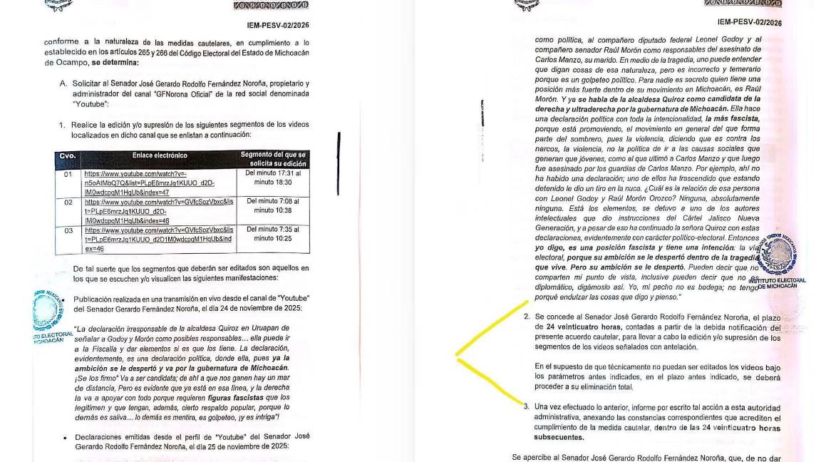 $!IEM ordena a Fernández Noroña retirar contenidos contra alcaldesa de Uruapan por violencia política de género