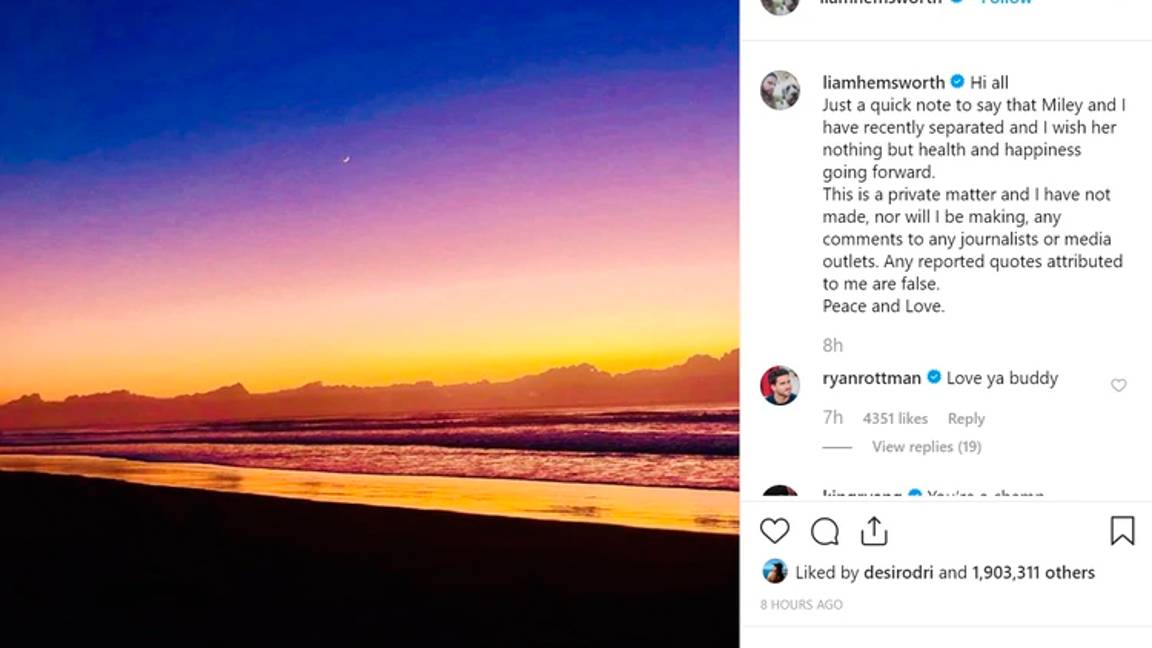 $!En rompimiento de Liam Hemsworth y Miley Cyrus no hubo comunicado conjunto, ¿pero sí una traición?