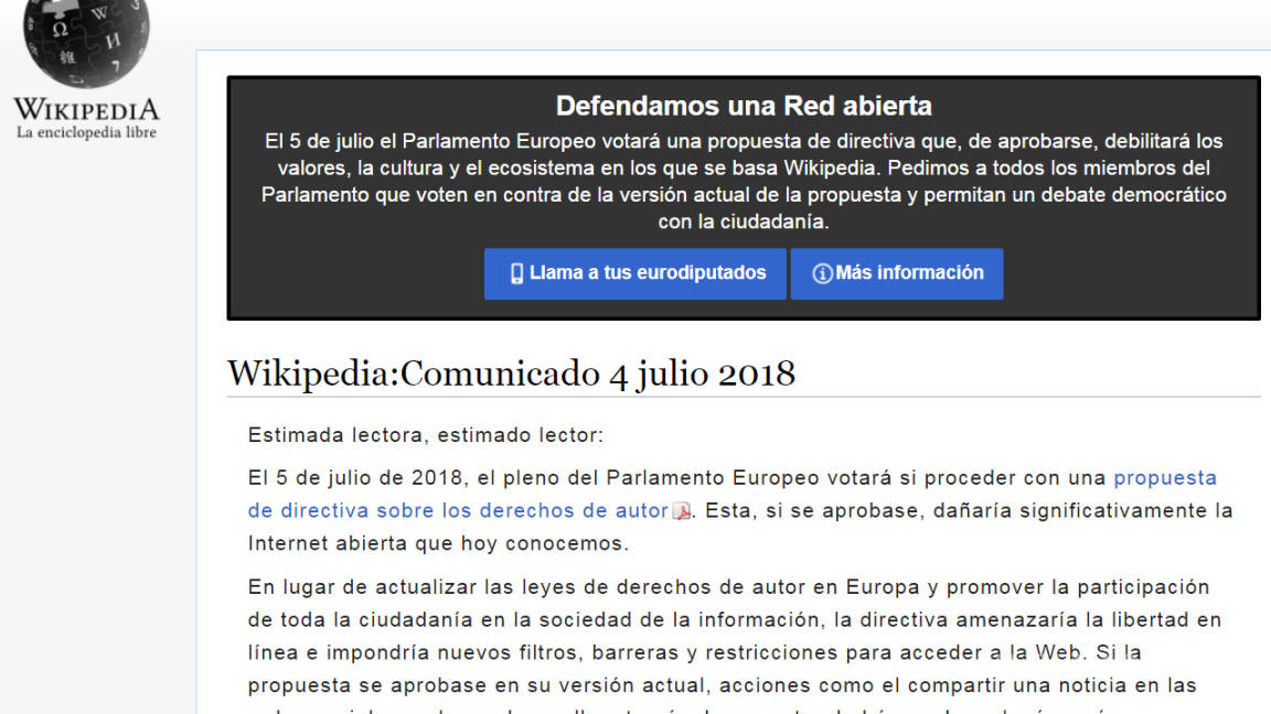 Wikipedia, versión en español, cerró temporalmente para protestar contra una propuesta europea de derechos de autor