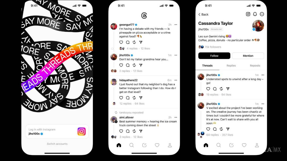$!Composición de tres fotografías divulgadas por Meta de tres capturas de la entrada, portada y página personal de la cuenta de una persona en Threads.