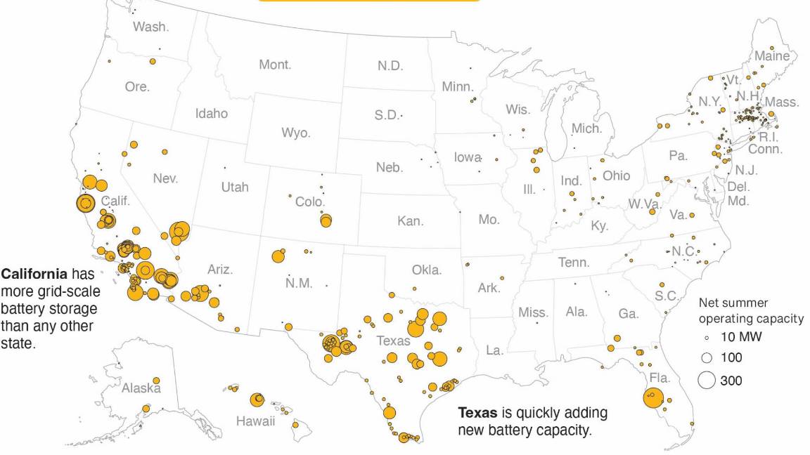 $!El mapa muestra la ubicación y capacidad de los sitios de almacenamiento de baterías a gran escala en todo el país.