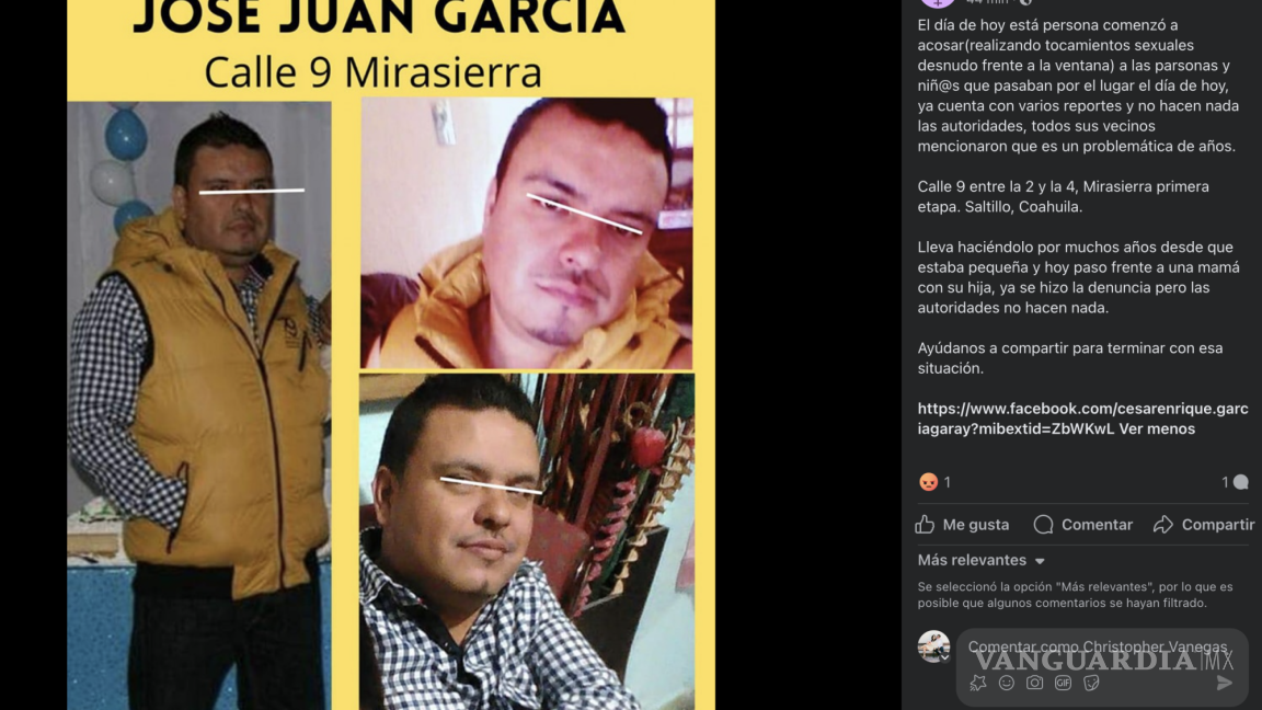 Denuncia en redes sociales Frente Feminista Saltillo a presunto acosador en Mirasierra