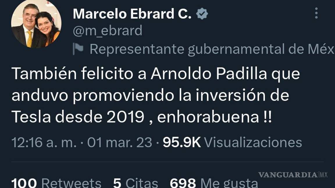 $!A través de Twiter, Marcelo Ebrad felicitó al saltillense Arnoldo Padilla.