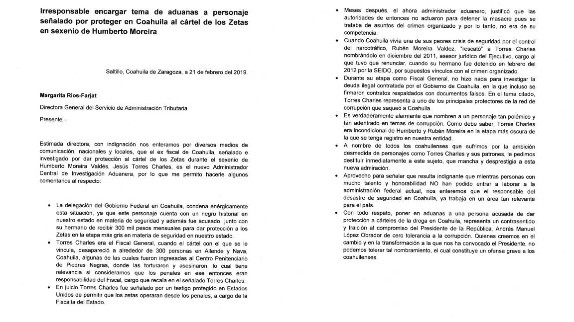 $!Reyes Flores, delegado de AMLO en Coahuila, exige al SAT destitución de Torres Charles