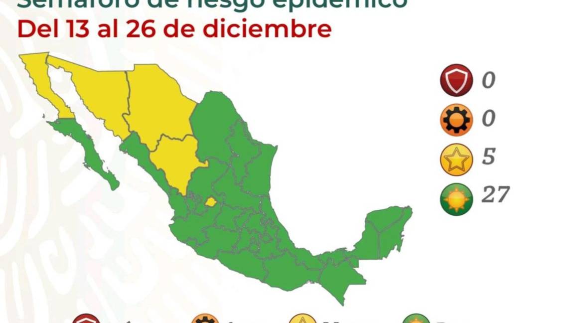 Semáforo epidemiológico: 27 estados en verde y 5 en amarillo para Navidad