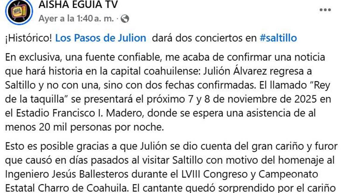 $!¿Dará Julión Álvarez 2 conciertos en Saltillo oiga? Esto se sabe de su supuesta visita
