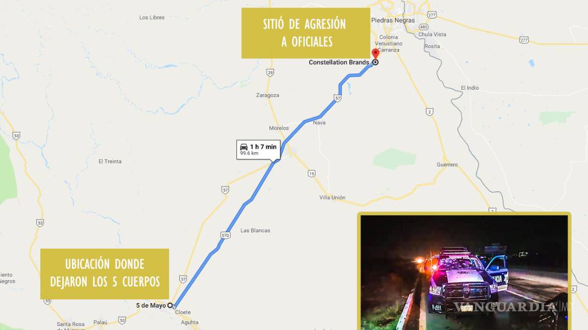 $!Dejan 5 cuerpos a Policía Investigadora en San Juan de Sabinas, Coahuila, y agreden a oficiales cerca de cervecera en Nava