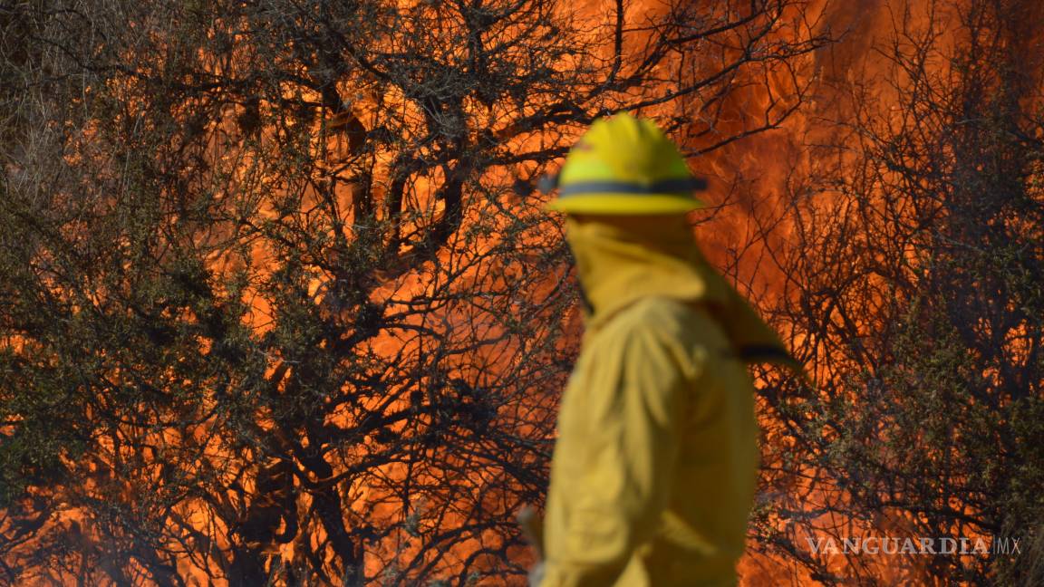 $!Combaten 100 brigadistas incendio forestal al sur de Saltillo